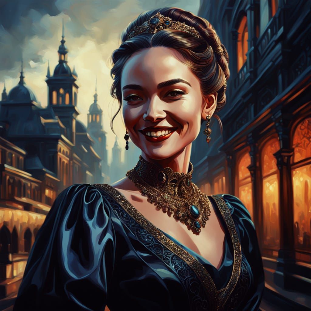 Refined Woman Smiling Slyly in Dark Romanticism Style