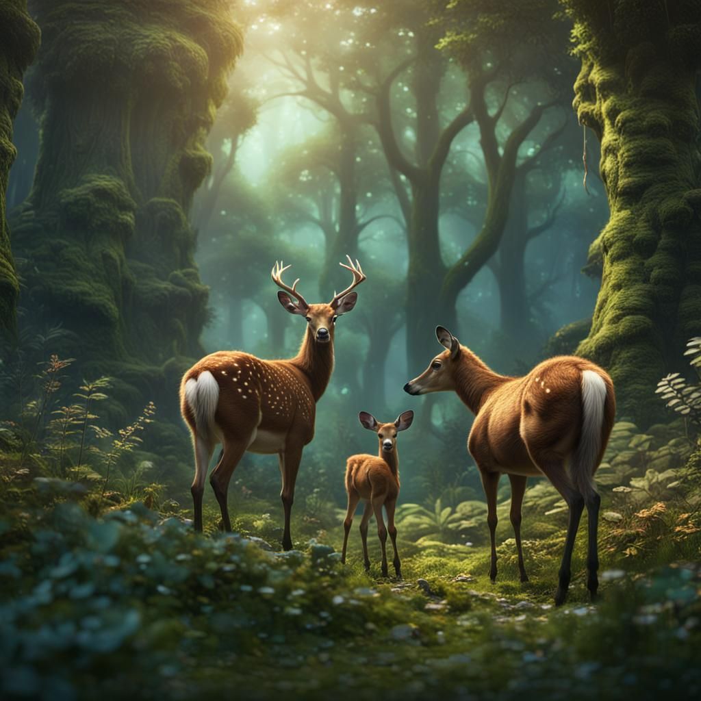 Baby Deer and Mother in Lush Forest