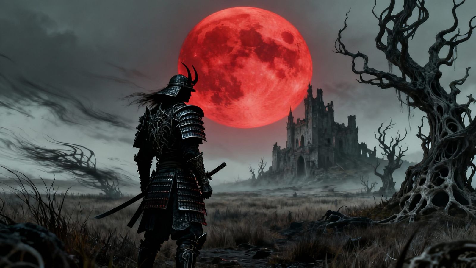 Gothic Samurai Under Blood Moon