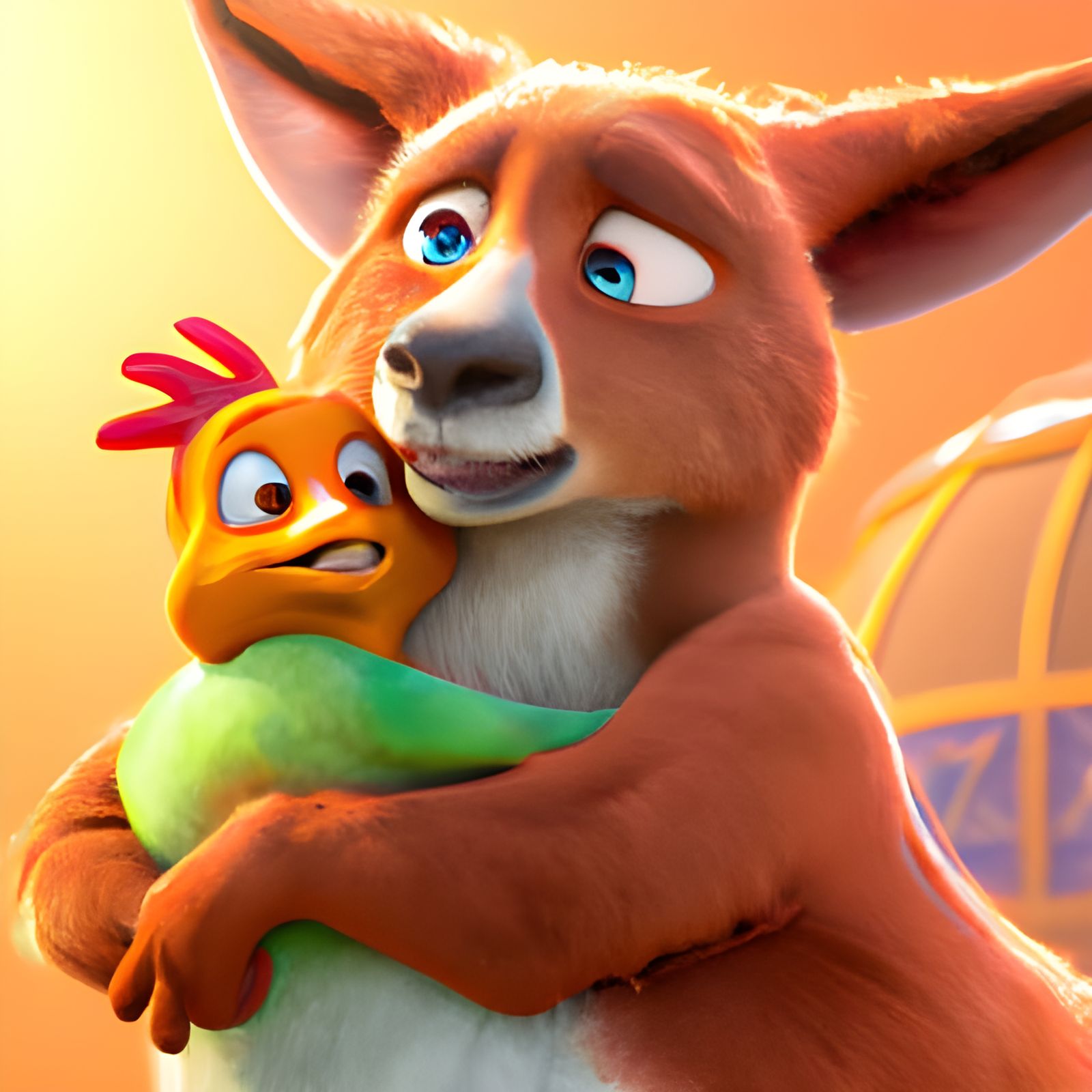 Kangaroo Hugging Rooster in Detailed 3D Style