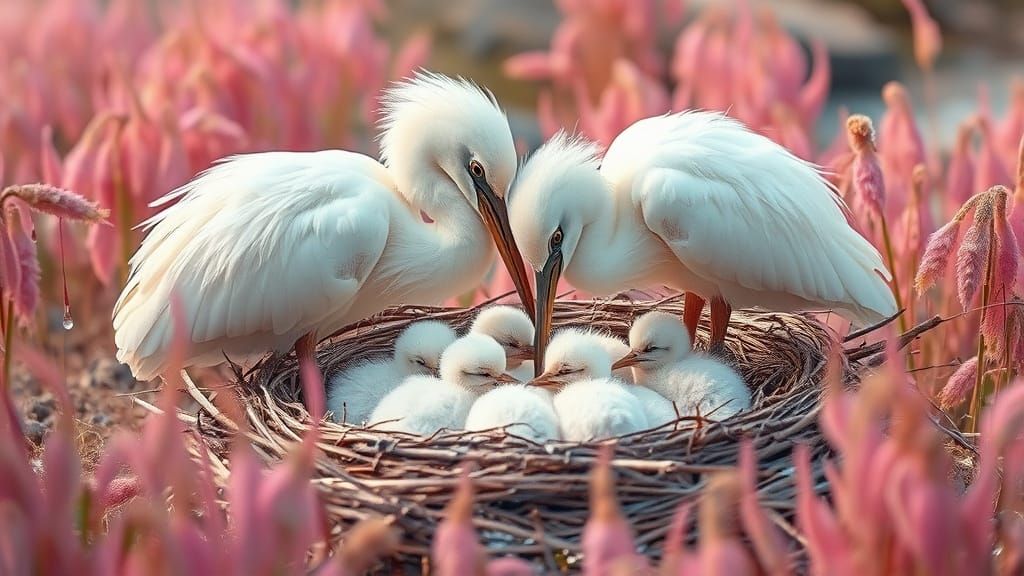 White Heron Family Nestled in Pampas Grass