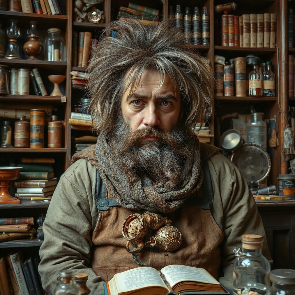 Hyper-Detailed Scientist in Cluttered Alchemical Lab