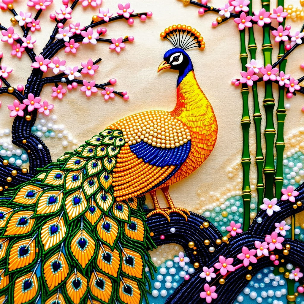 Golden Beaded Peacock Among Beaded Japanese Trees