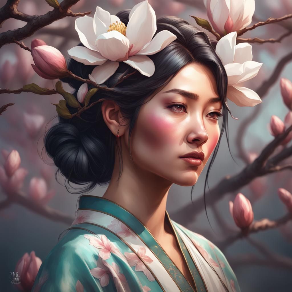Asian Woman Portrait with Magnolia Flowers, Detailed Art