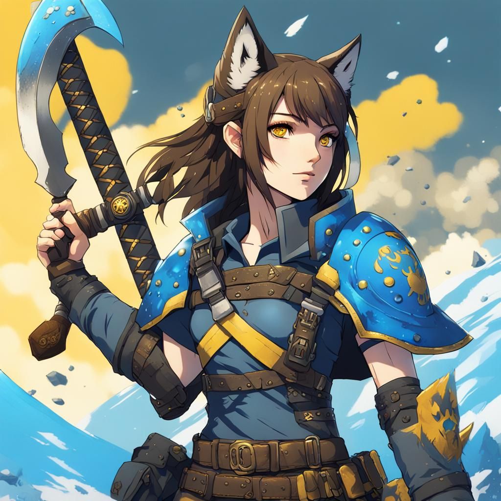 Anime Wolf-Girl Warrior with Axe in Detailed Painting