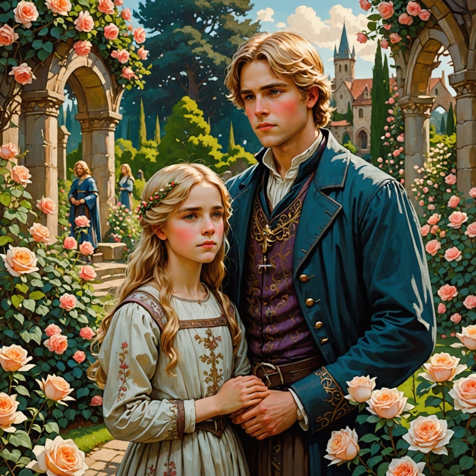 Medieval Family in Rose Garden, Waterhouse Style