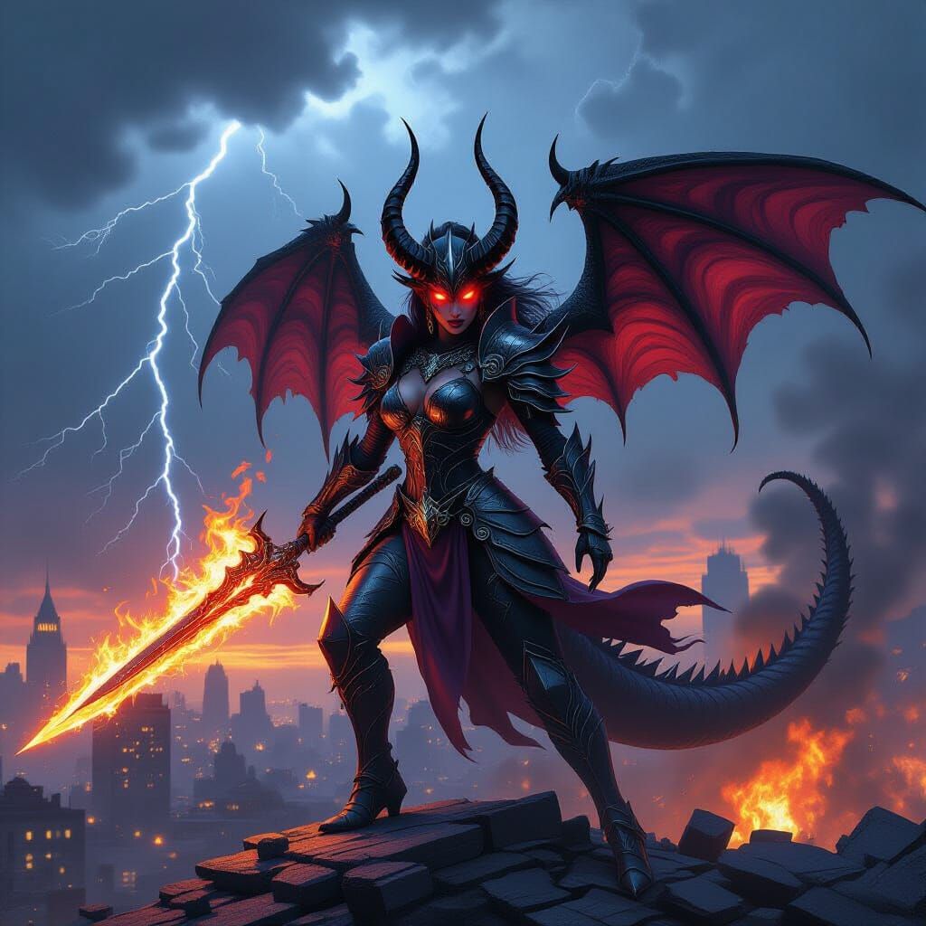 Demon Warrior Battles Godzilla in Burning City