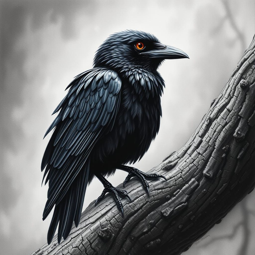 Raven on Branch in Oil Pastel Style