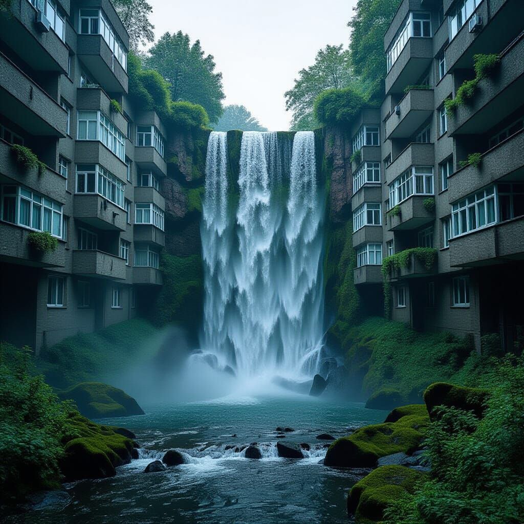 Waterfall Amidst Brutalist Architecture in Bleak Light