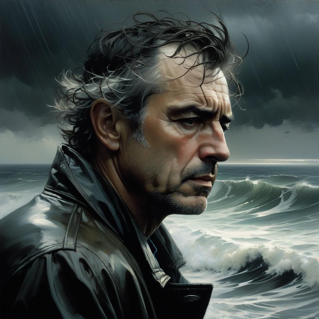 Pained Man Portrait Overlooking Stormy Sea