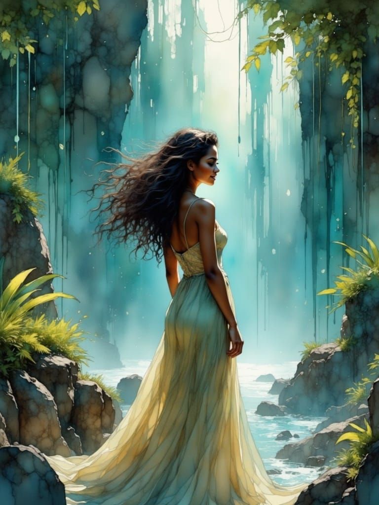 Ethereal Fantasy Woman in Crystal Waterfall