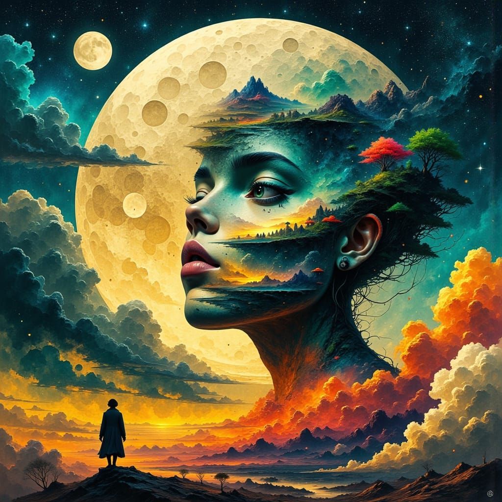 Woman's Face in Moon, Surreal Double Exposure