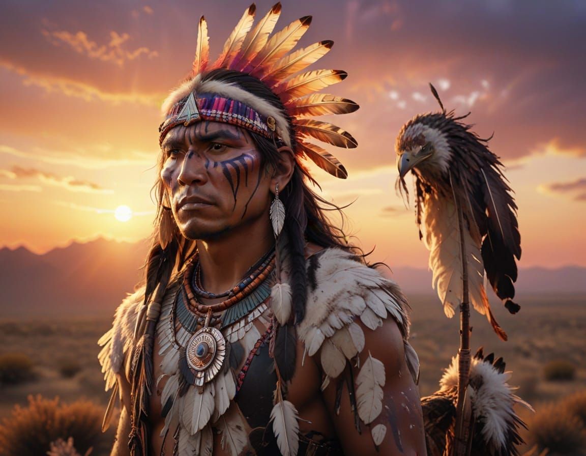 Native American Warrior at Sunset in Traditional Battle Atti...