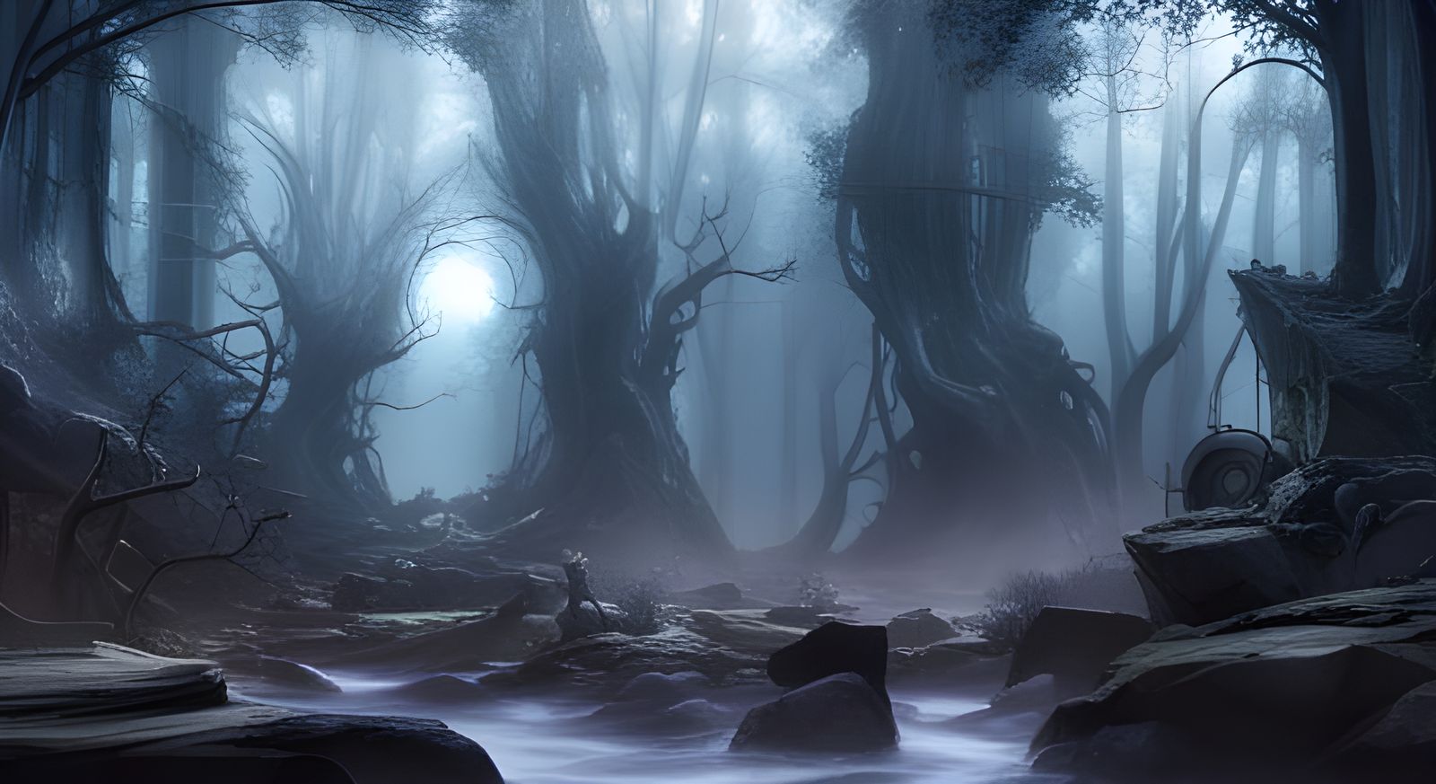 Mystical Forest with Strange Lights in Detailed Matte Painti...