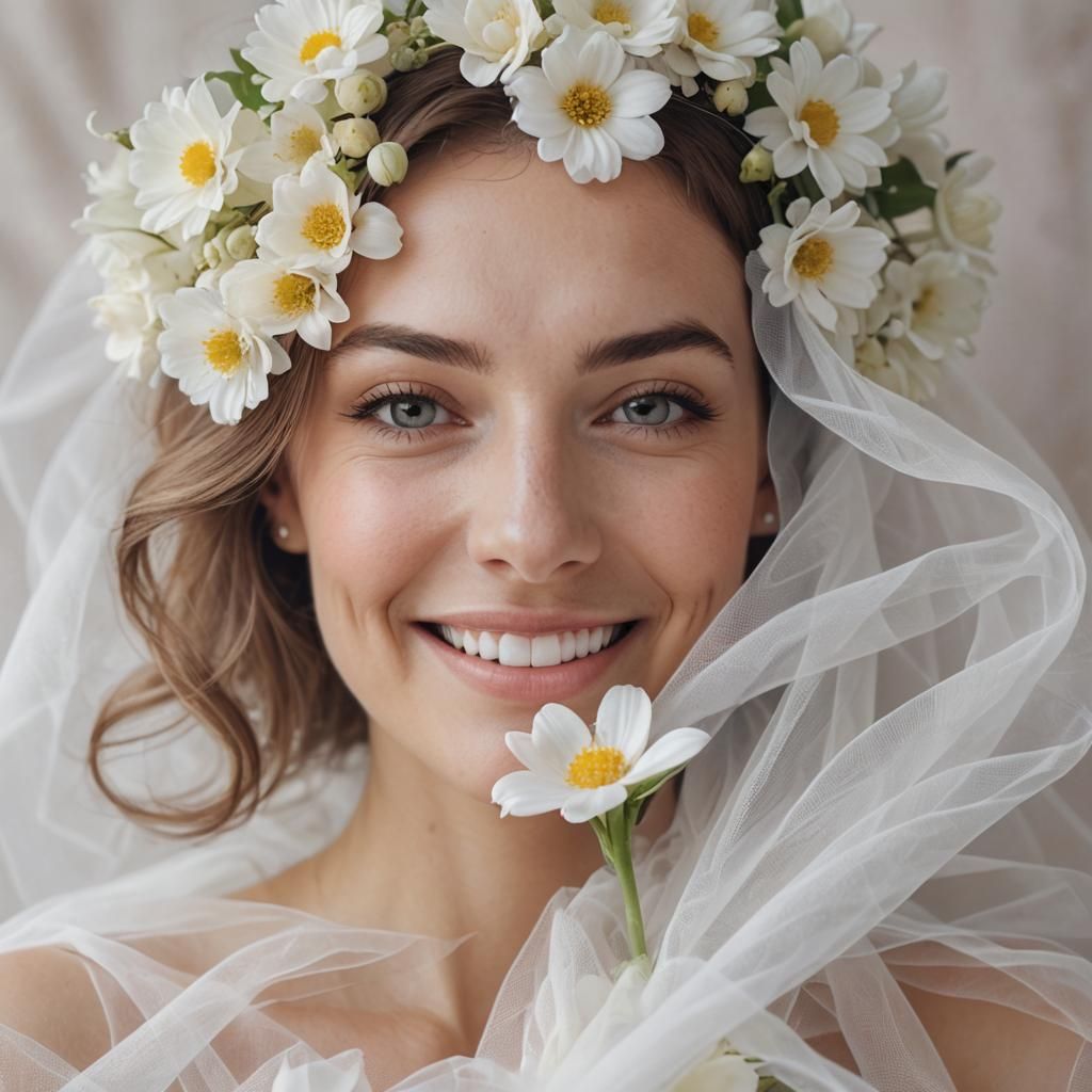 Happy Woman's Portrait with Tulle and White Flower