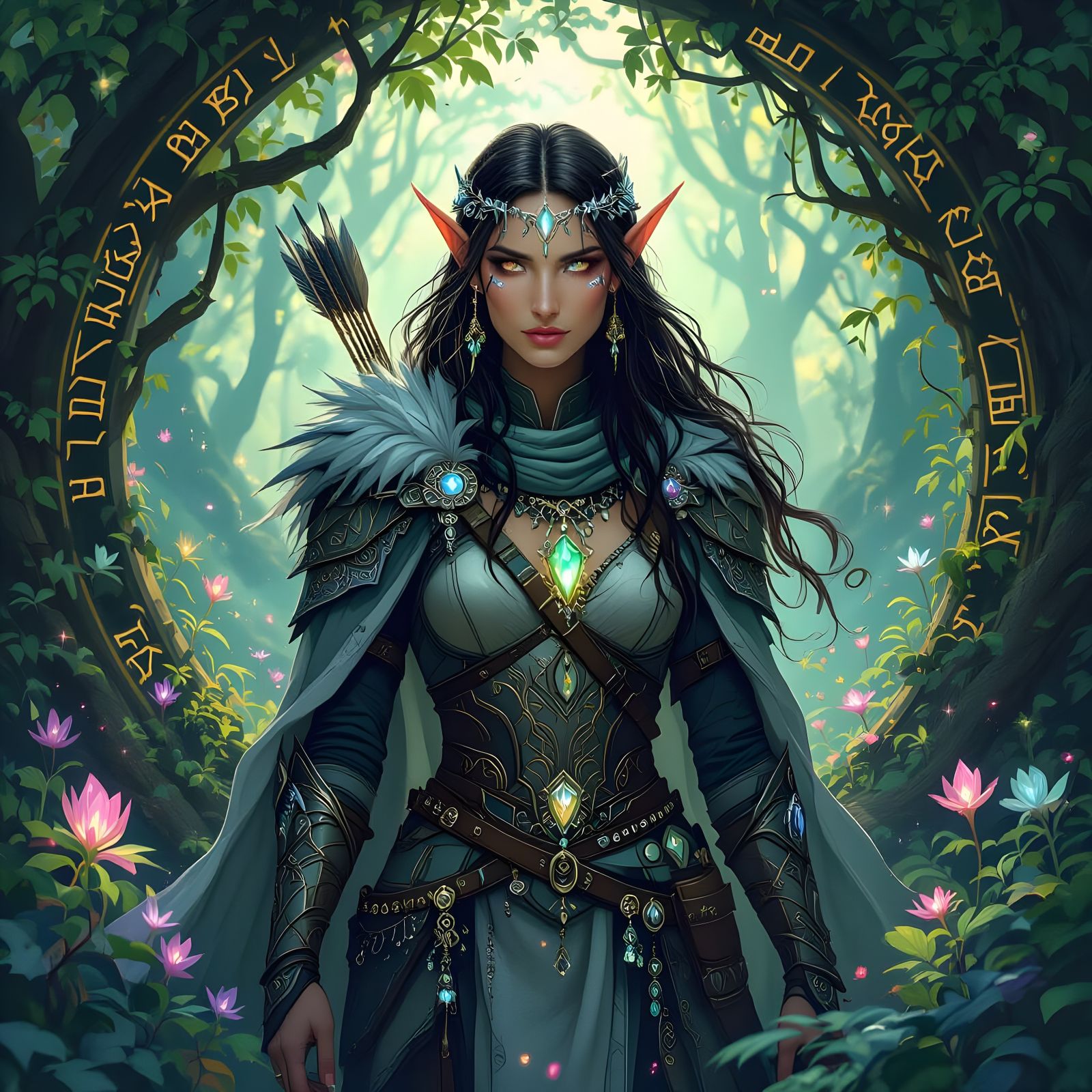 Elven Ranger in Glowing Grove, Art Nouveau Style