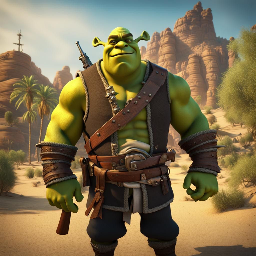 Muscular Shrek Pirate in Arabian Landscape, 8K
