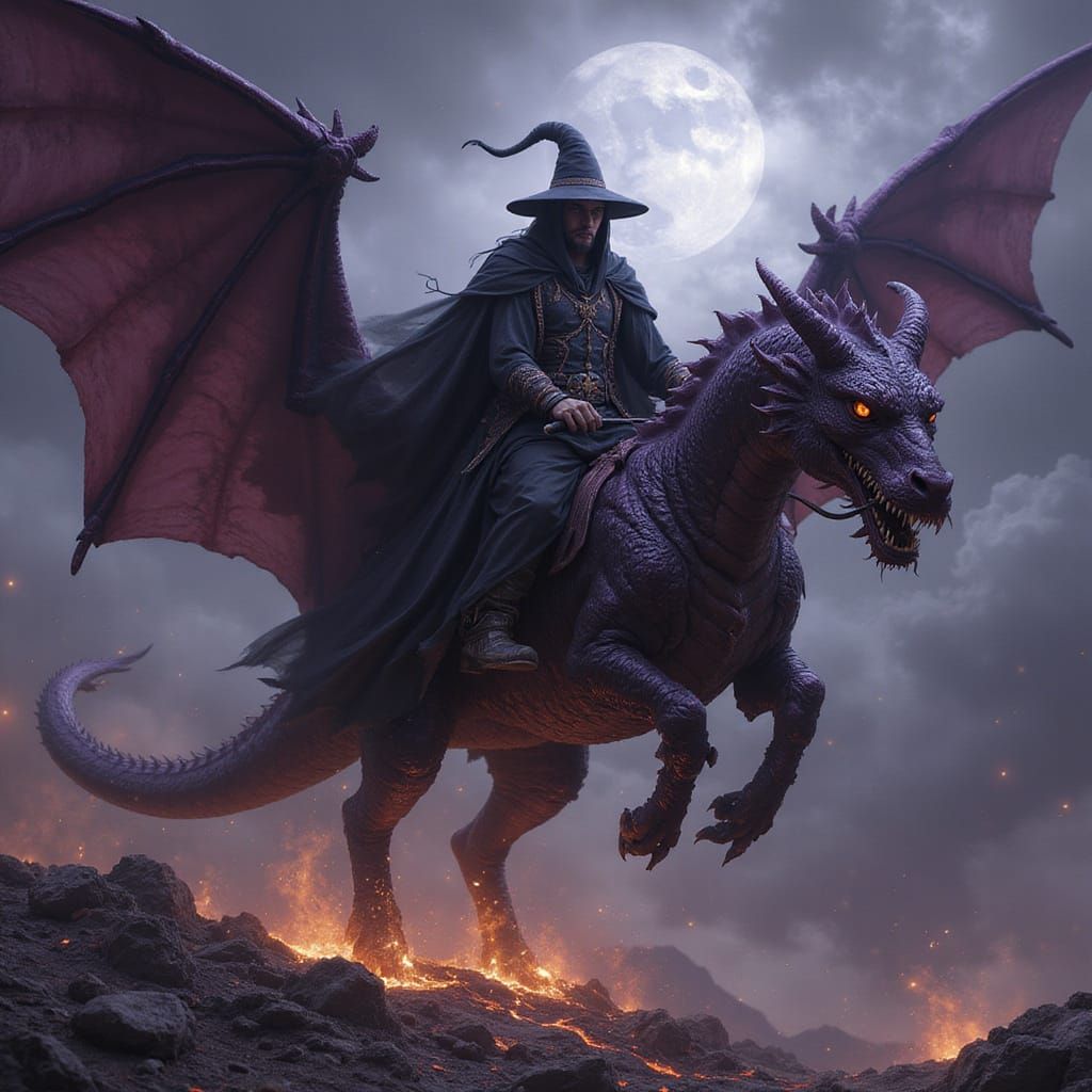 Dark Wizard Rides Macabre Dragon in Stormy Landscape