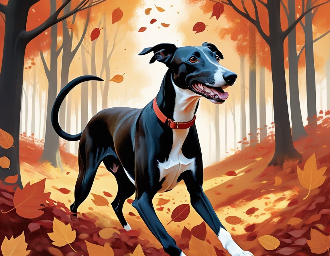 Muscular Greyhound Dashes Through Autumn Leaves