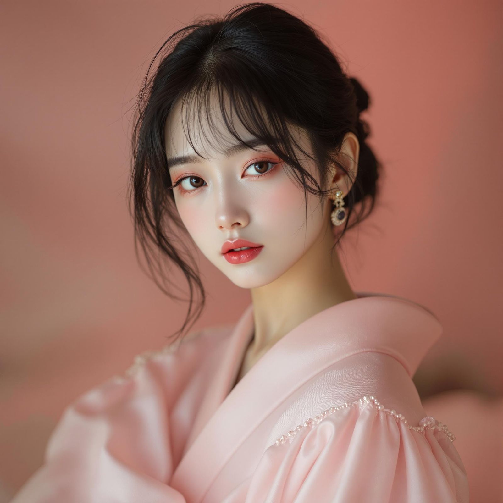 Elegant Young Woman in Soft Pink Kimono