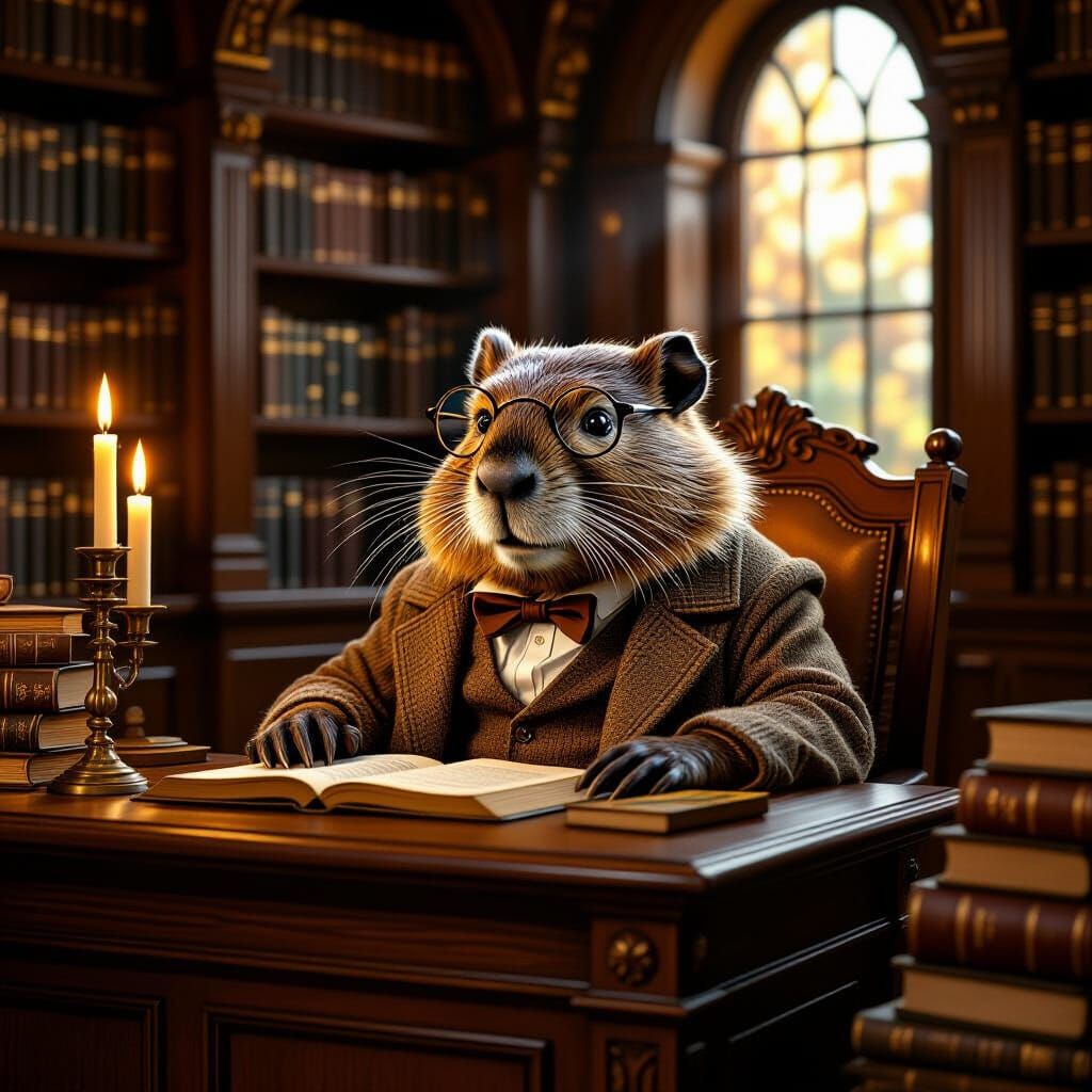 A wise old beaver wearing a pair of spectacles