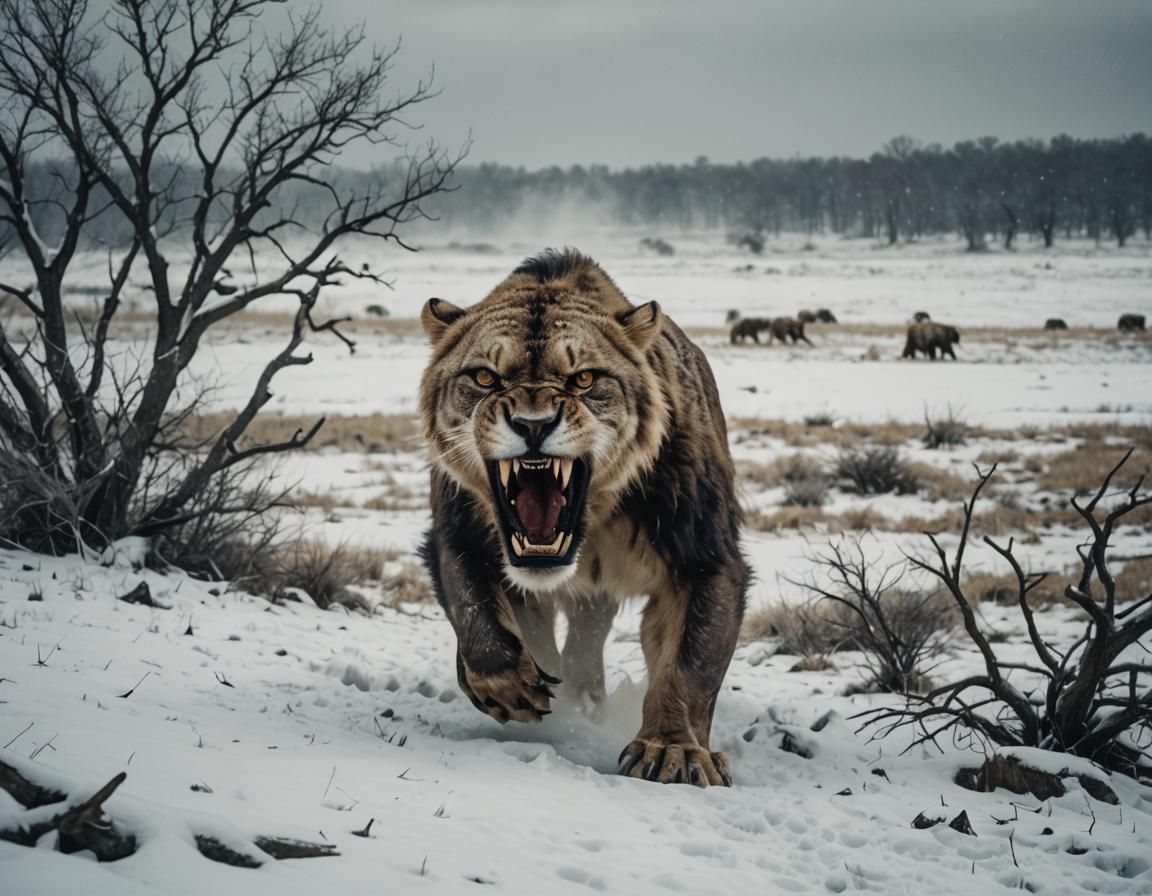 Sabertooth Attack on Snowy Plain: Cinematic Winter Scene