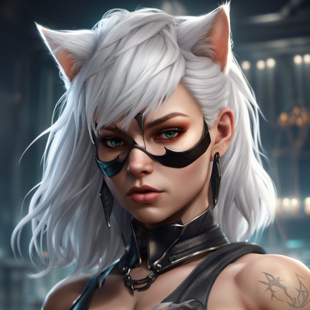 Muscular Cat-Girl with White Hair, Detailed Digital Art