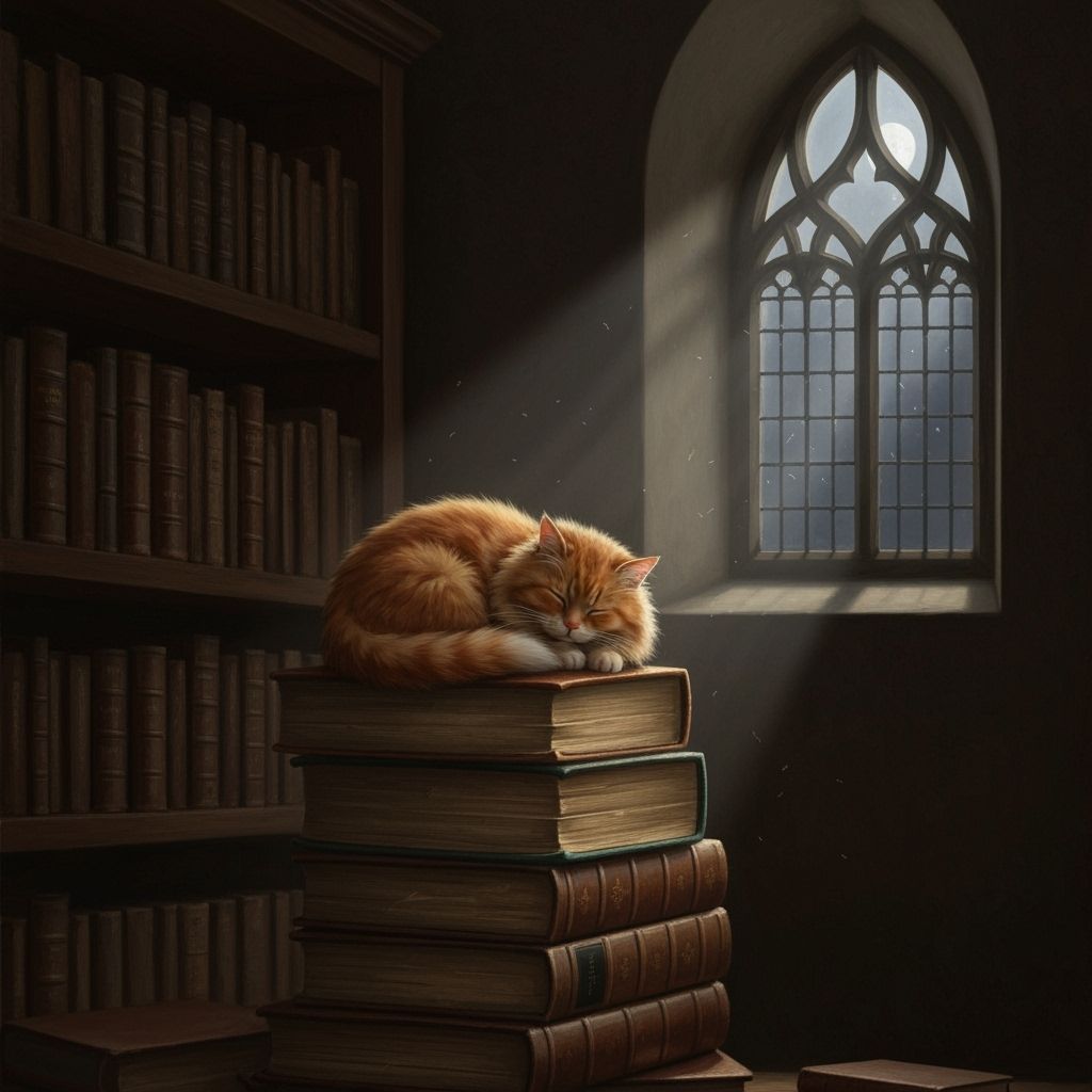 Cozy Library Scene with Sleeping Cat and Moonlight