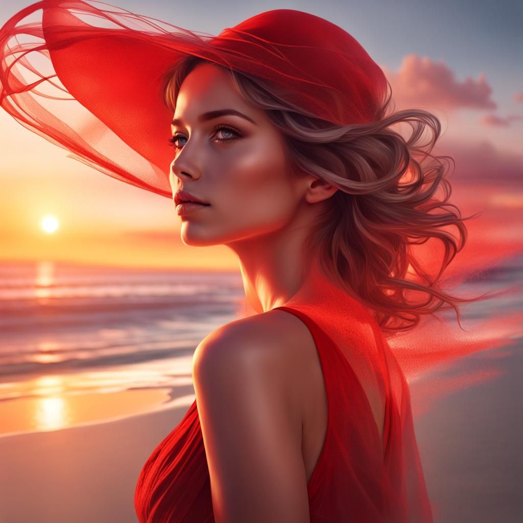 Double Exposure Portrait: Girl in Red Dress at Sunset