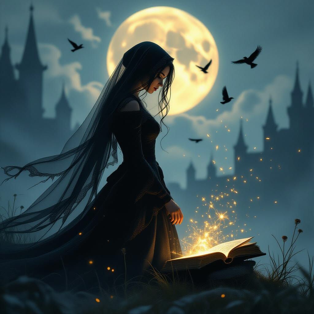 Mystical Woman with Spellbook in Dark Whimsical Style