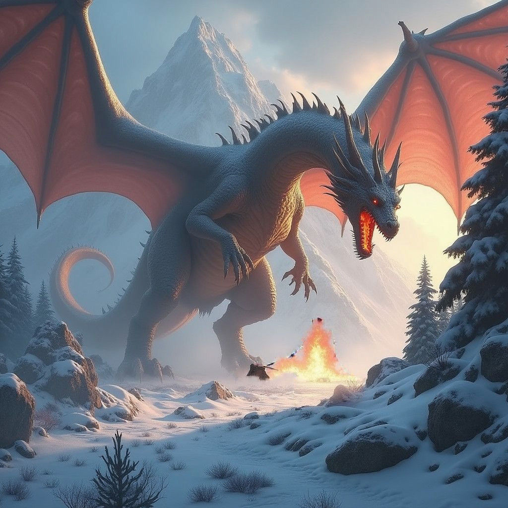 Fire Dragon in Snowy Mountains, Fantasy Art
