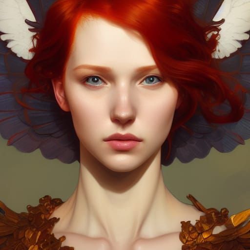 Winged Redhead Portrait in Art Nouveau Style
