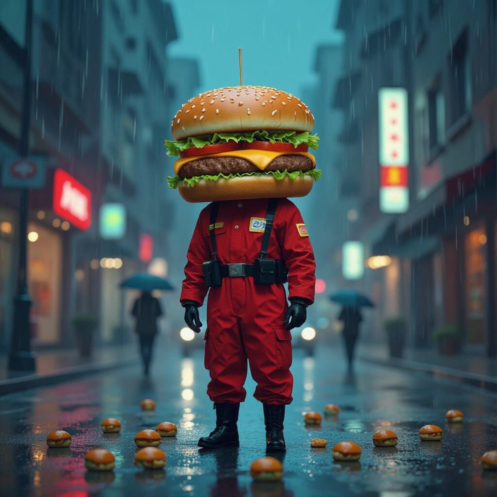 Squid Game Guard with Hamburger Head in Hamburger Rain