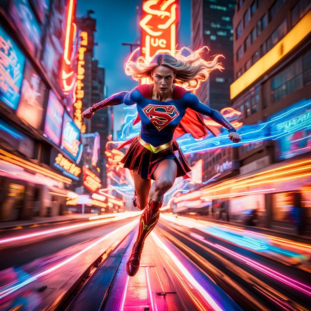 Supergirl Races Across Neon Cityscape