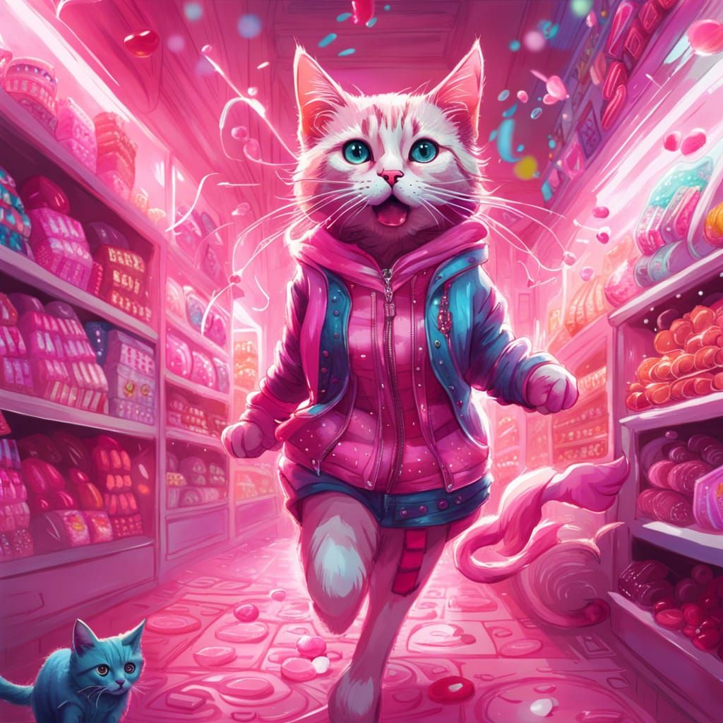 Hyperdetailed Pink Cat in Candy Store, Digital Art