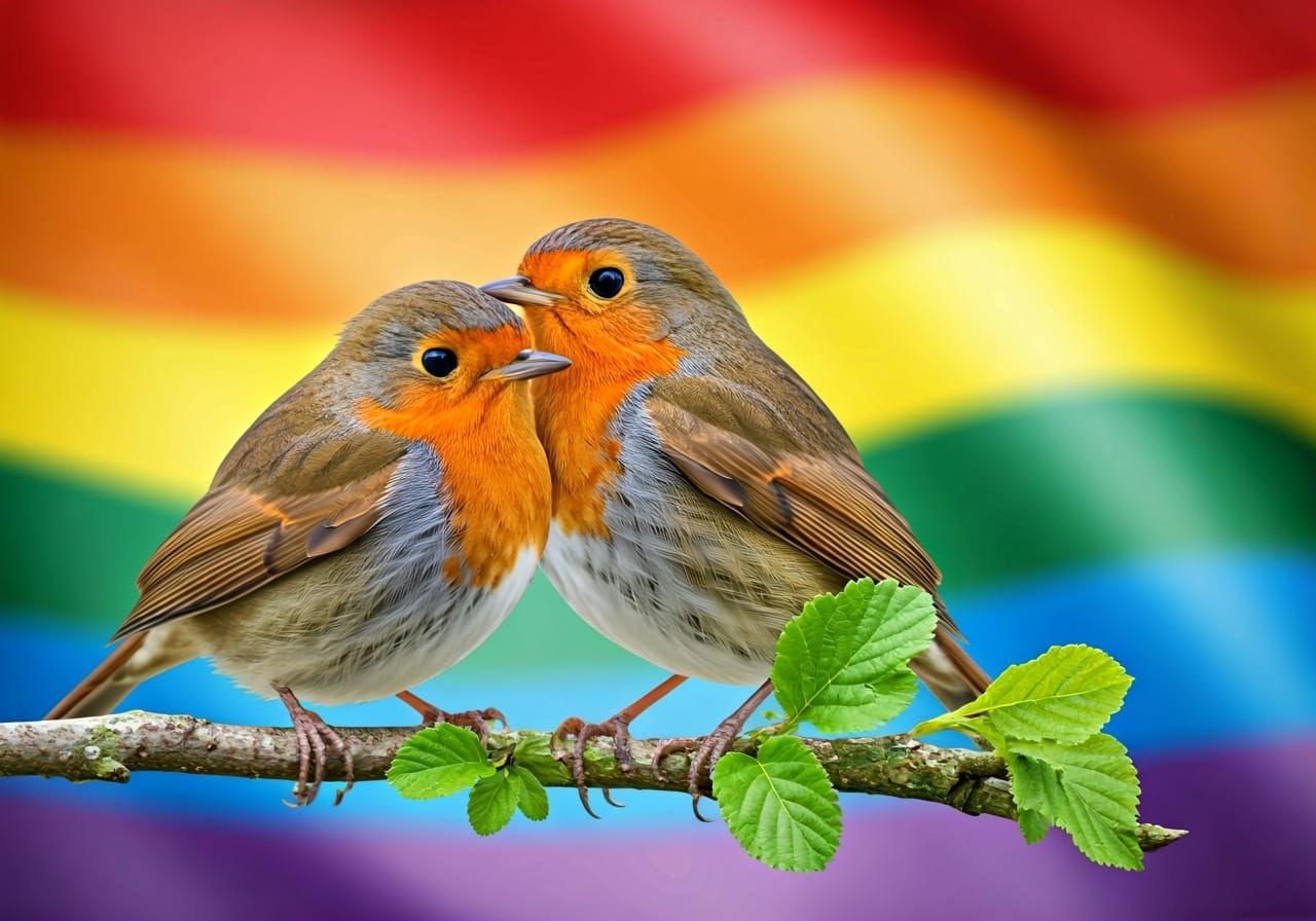 Robins Cuddle on Branch with Rainbow Pride Flag