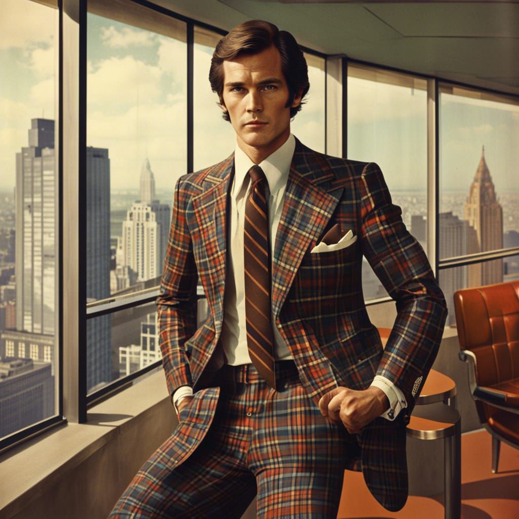 1970s Plaid Fashion Business Suit in Office