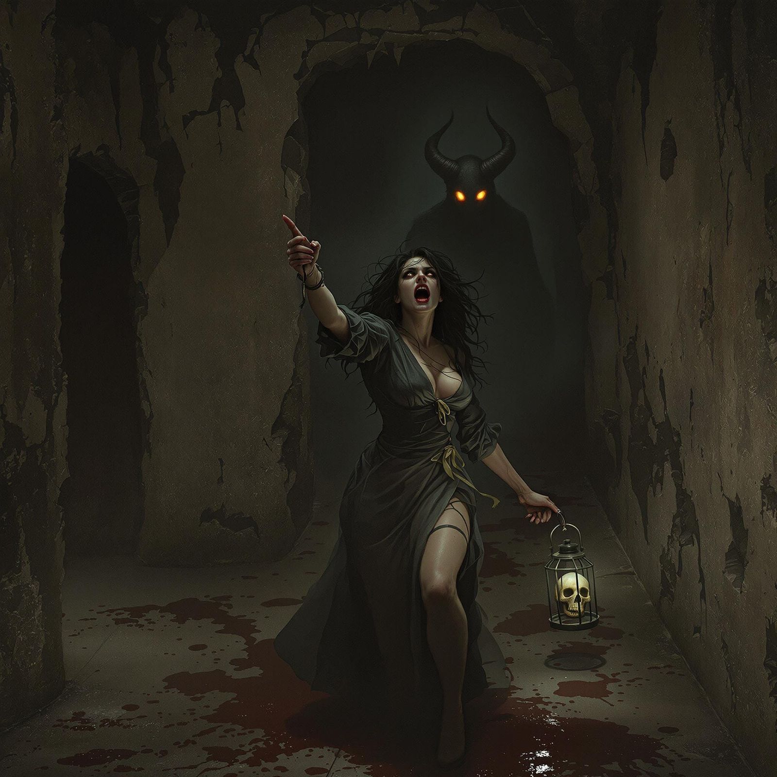 Frightened Woman in Haunted Hall with Monster