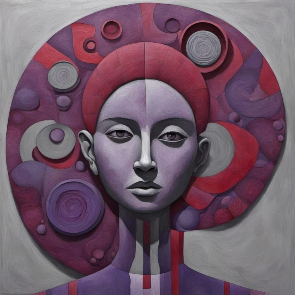 Abstract Surrealist Painting of Contemplation in Folk Art St...
