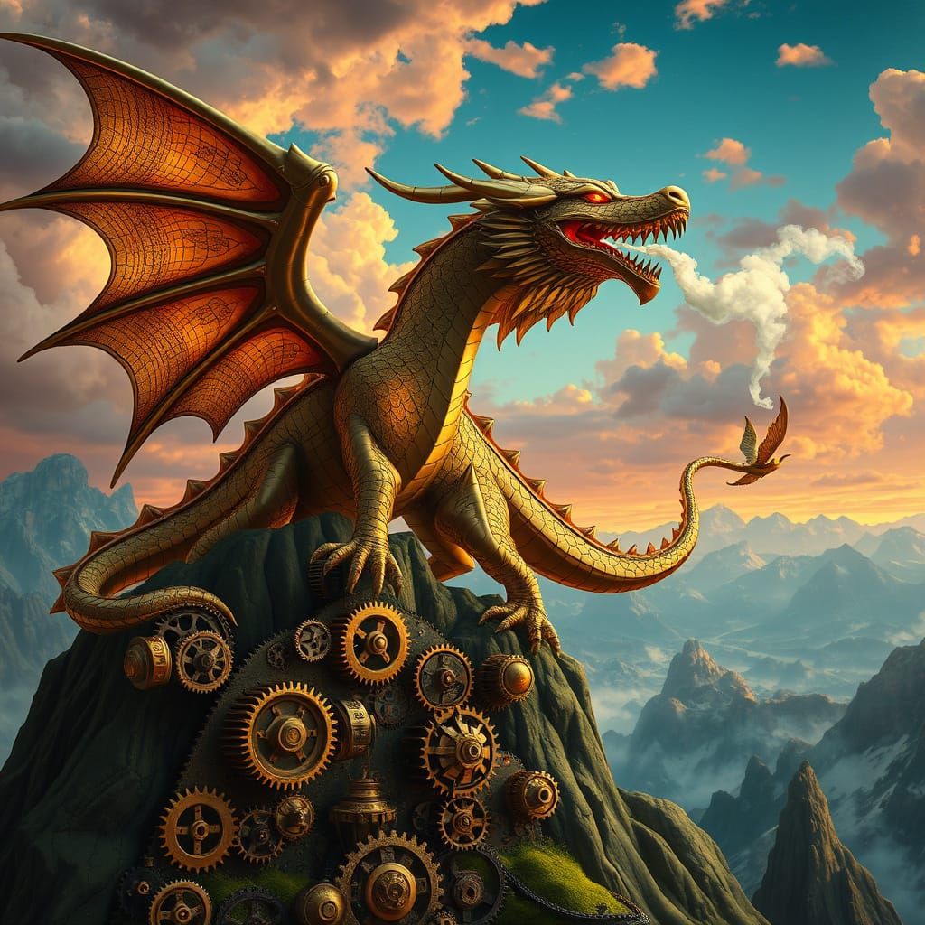 Victorian Automaton Dragon on Gears in Art Nouveau Style