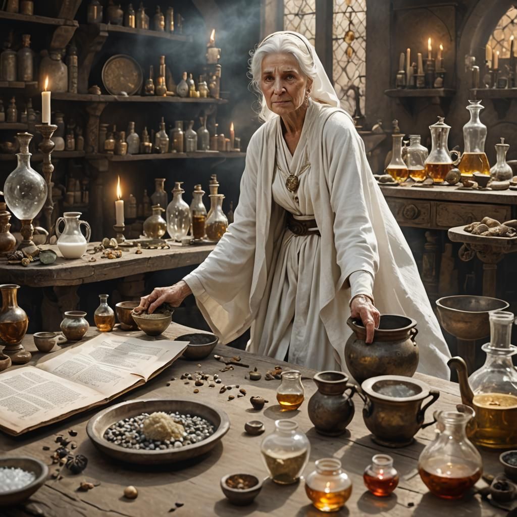 Goddess of Healing Tends Alchemist's Table