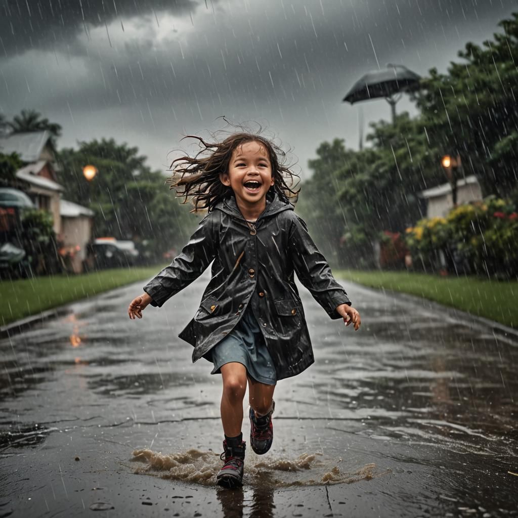 Joyful Girl in Torrential Rain: Matte Painting