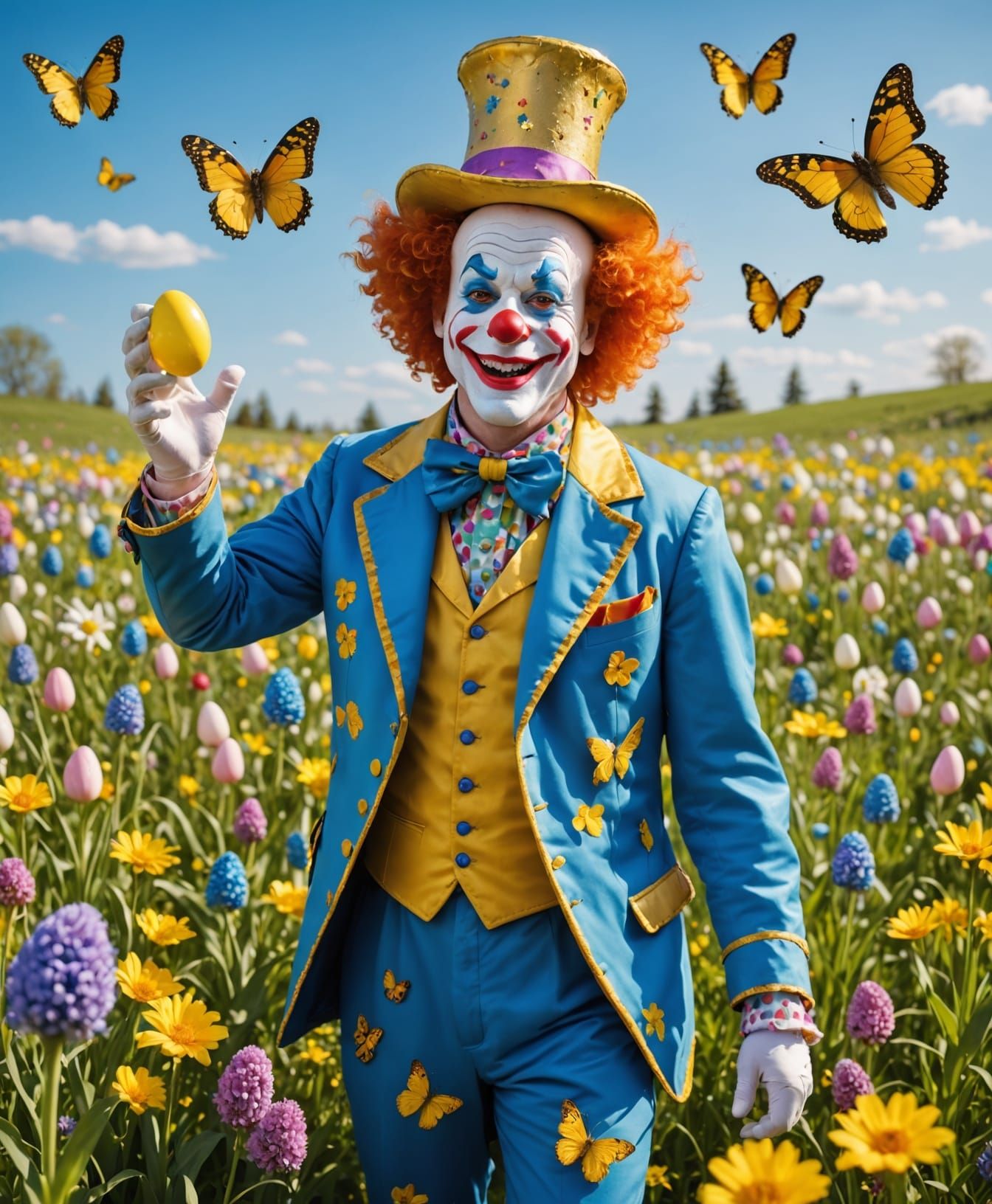 Joyful Easter Clown in Vibrant Spring Meadow