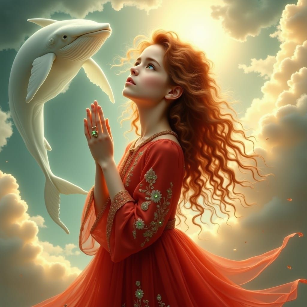 Ethereal Realism: Girl in Red Dress with Glowing Whale