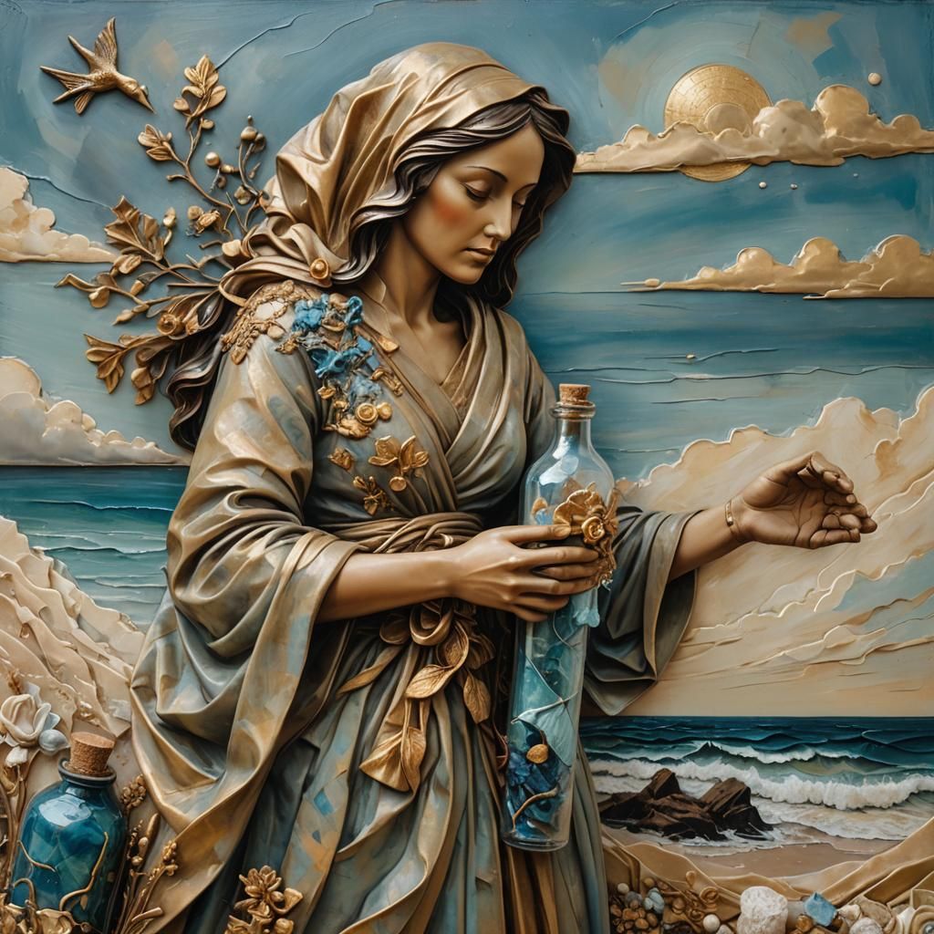 Woman's Hands Wrap Troubles in Cloth, Bottle on a Distant Se...