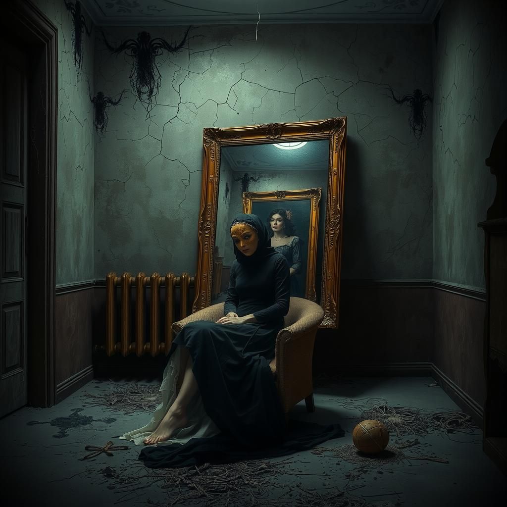 Eerie Abandoned Residence with Masked Woman