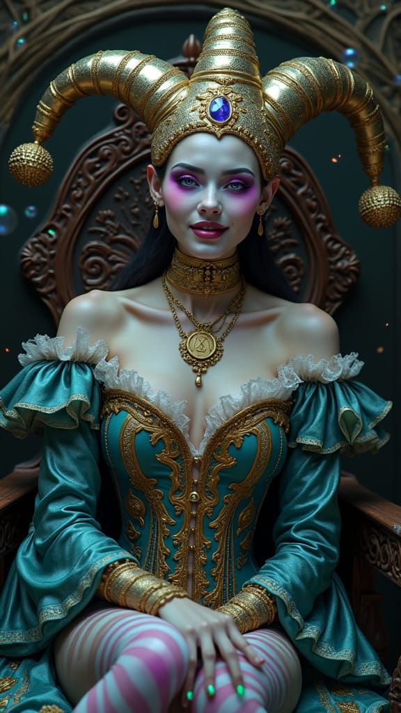 Jester Queen with Amethyst Eyes in Dark Fantasy Style