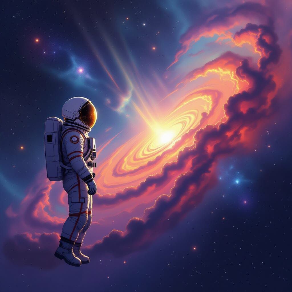 Astronaut Gazes at Watercolor Nebula in Space Art