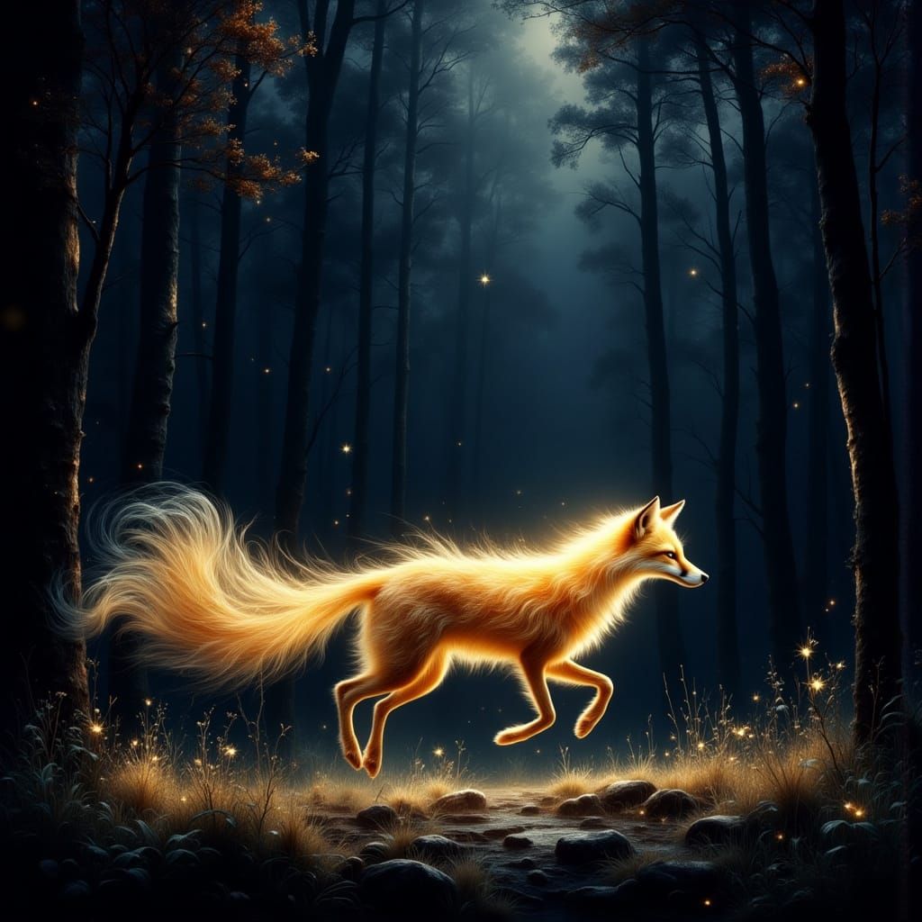 Starlight Fox in Dark Forest, High Contrast