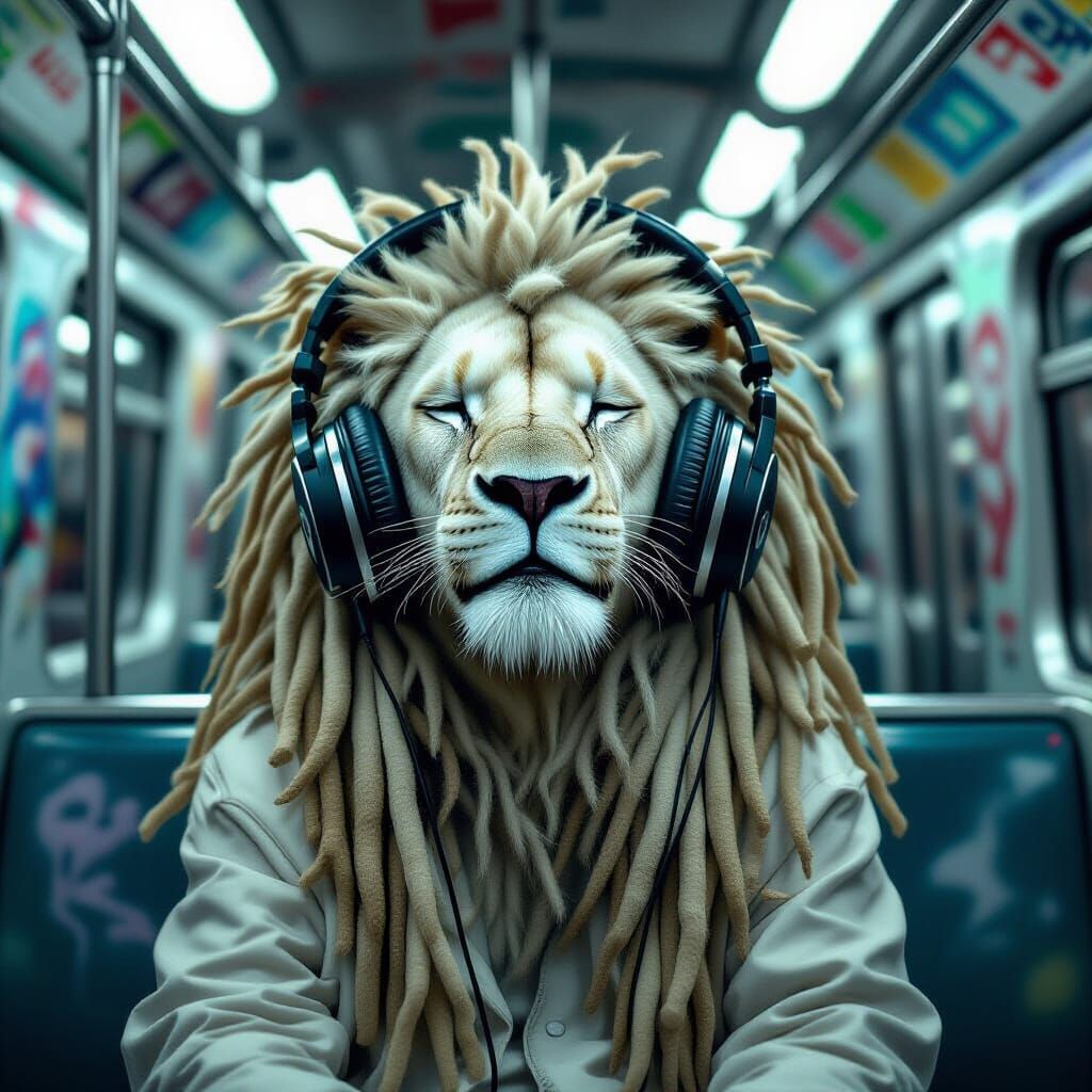 Dreamy Young Lion with Dreadlocks in Subway
